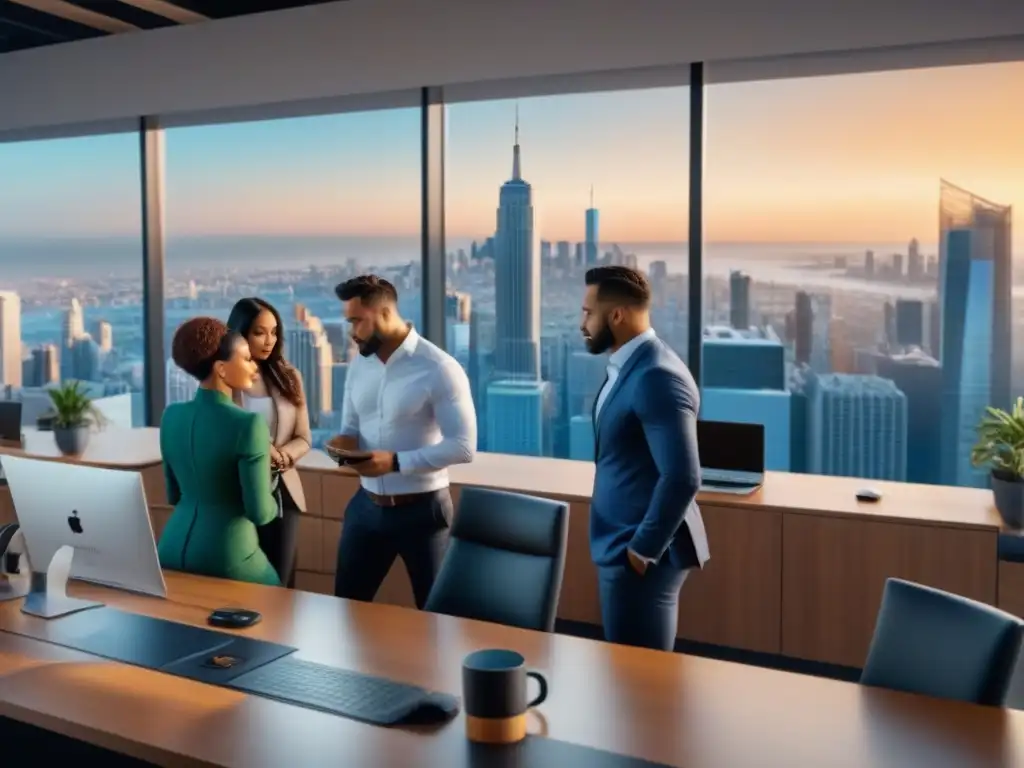 Oficina inmobiliaria moderna con influencers y agentes colaborando Un ambiente moderno y colaborativo en una inmobiliaria con profesionales e influencers trabajando en una campaña de marketing