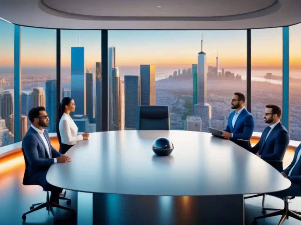 Oficina moderna con vista panorámica y profesionales diversificados Un ambiente moderno de oficina con profesionales discutiendo estrategias de Marketing inmobiliario internacional personalizado
