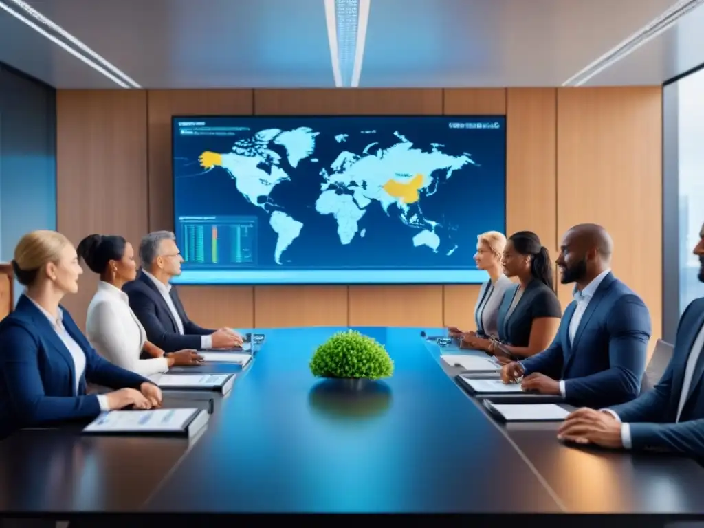 Reunión ejecutiva global: profesionales en oficina moderna Un ambiente moderno y vibrante con profesionales exitosos discutiendo estrategias de expansión internacional M&A