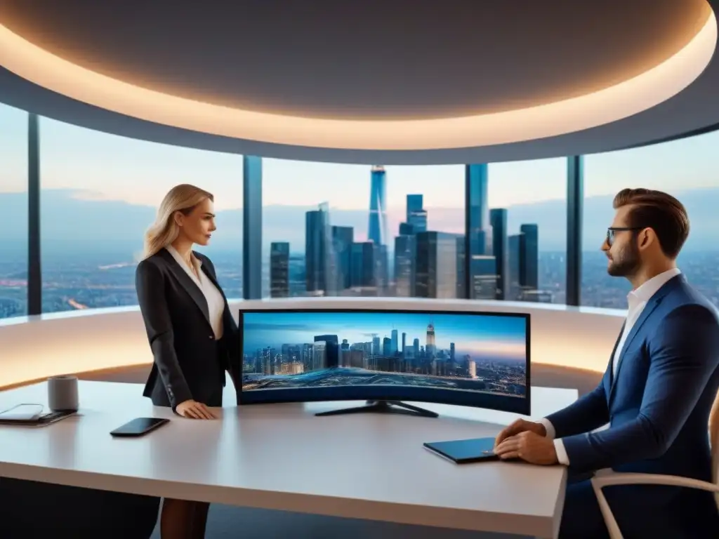 Oficina moderna con vista panorámica y tecnología de vanguardia Un ambiente de oficina moderno y dinámico con profesionales discutiendo tendencias de mercado inmobiliario internacional personalizado