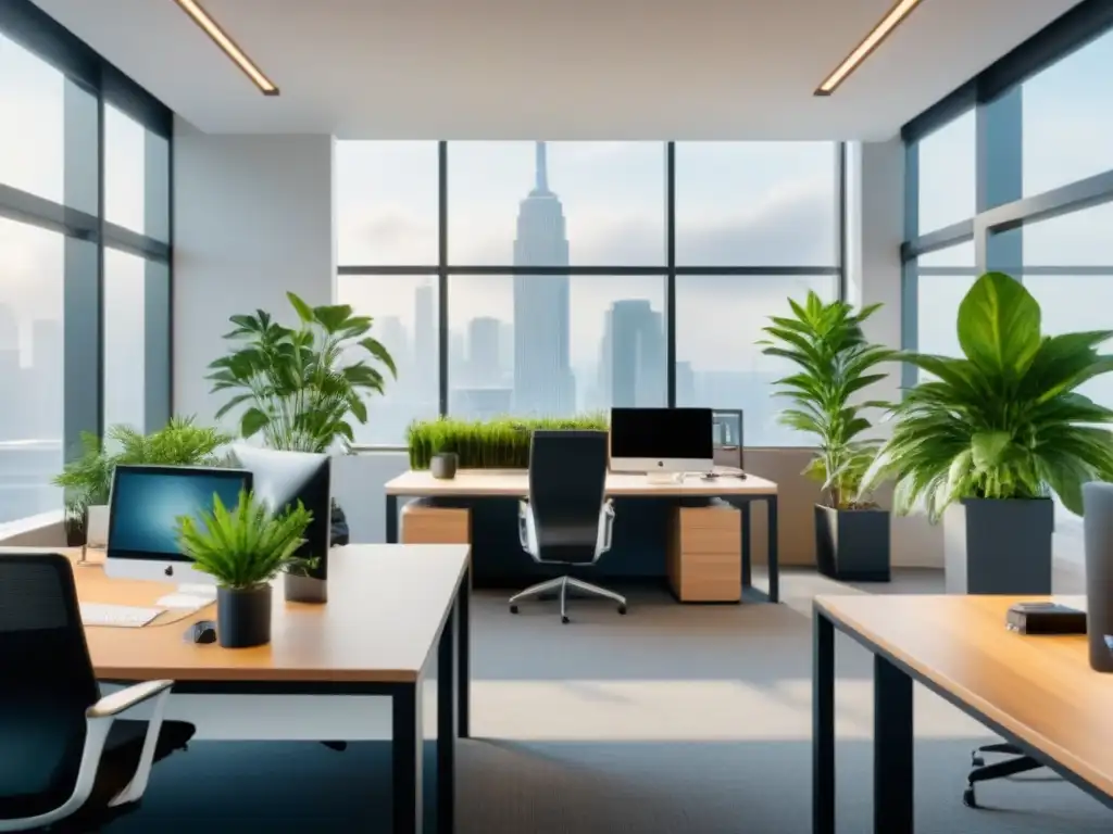 Oficina verde: bienestar y productividad en un espacio moderno Un ambiente de oficina moderno y luminoso con edificaciones verdes impacto empleados productividad