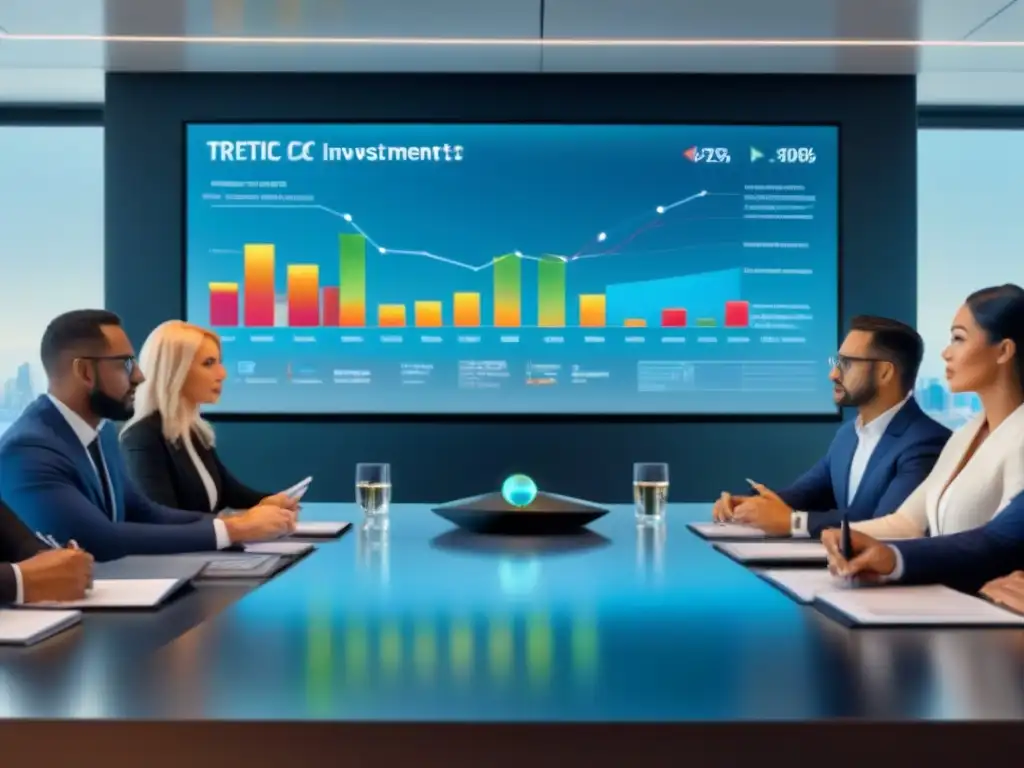 Inversores diversos en conferencia de inversiones inmobiliarias Un ambiente profesional y colaborativo con inversores variados, debatiendo datos en una moderna sala de reuniones