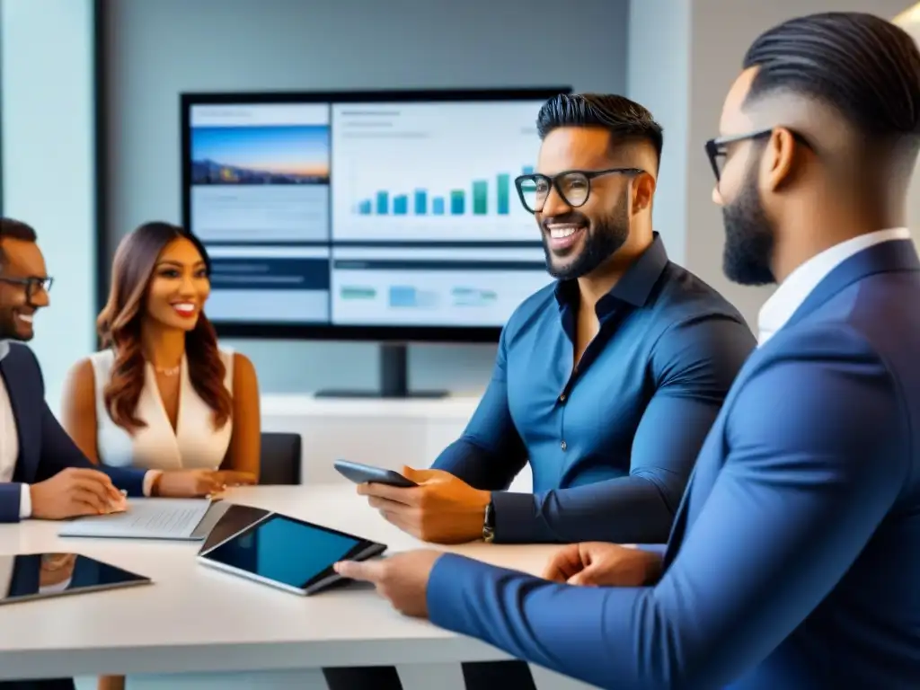 Profesionalidad y colaboración: Estrategias inmobiliarias innovadoras Un ambiente profesional y colaborativo en una oficina moderna donde una agente inmobiliaria presenta las mejores estrategias en redes sociales