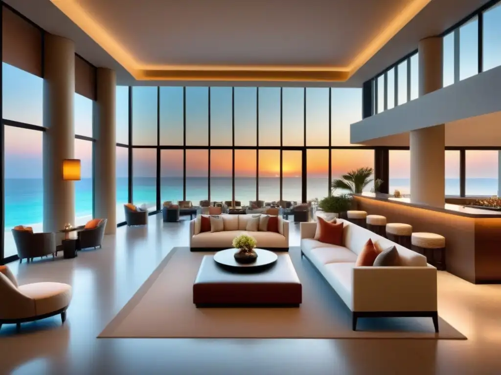 Experiencia de lujo en lobby de hotel frente al mar Un ambiente sofisticado y relajante en un lujoso lobby de hotel, con decoración elegante y personal amable