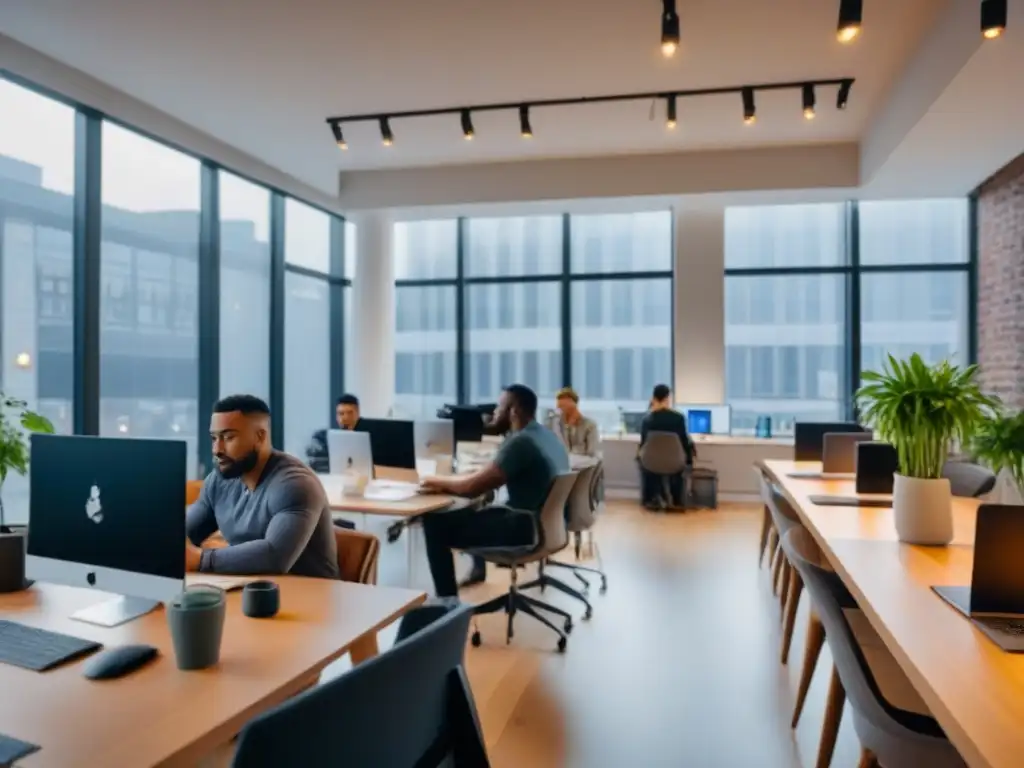 Coworking moderno y vibrante: profesionales colaborando en ambiente innovador Ambiente vibrante de coworking con profesionales colaborando, innovando y trabajando juntos, ideal para estrategias de marketing y ocupación