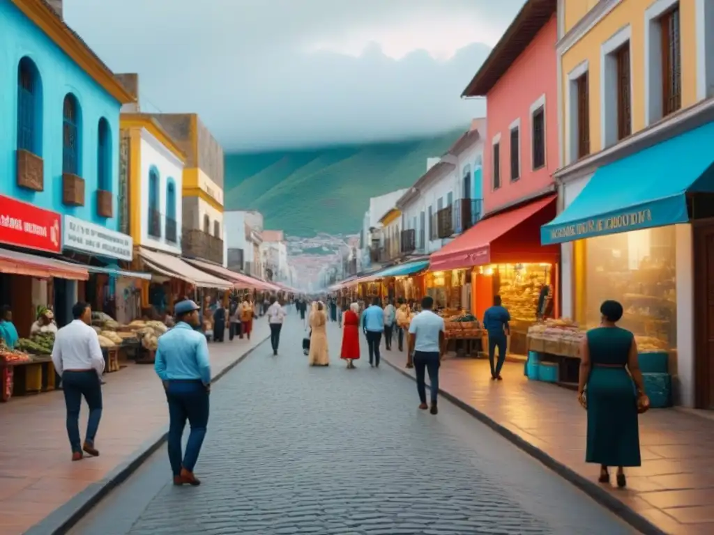 Escena urbana vibrante en la Franja y la Ruta Una animada calle de la ciudad en la región de Franja y la Ruta, con tiendas diversas, rascacielos y arte callejero colorido