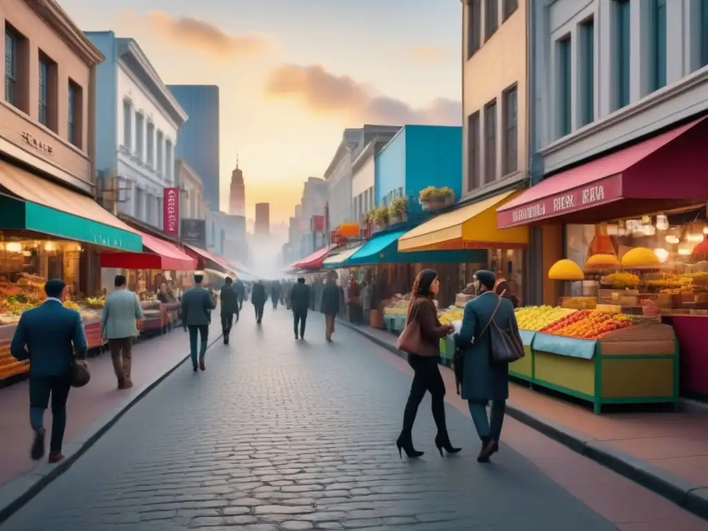 Una animada calle comercial al atardecer, con edificios modernos y tiendas históricas