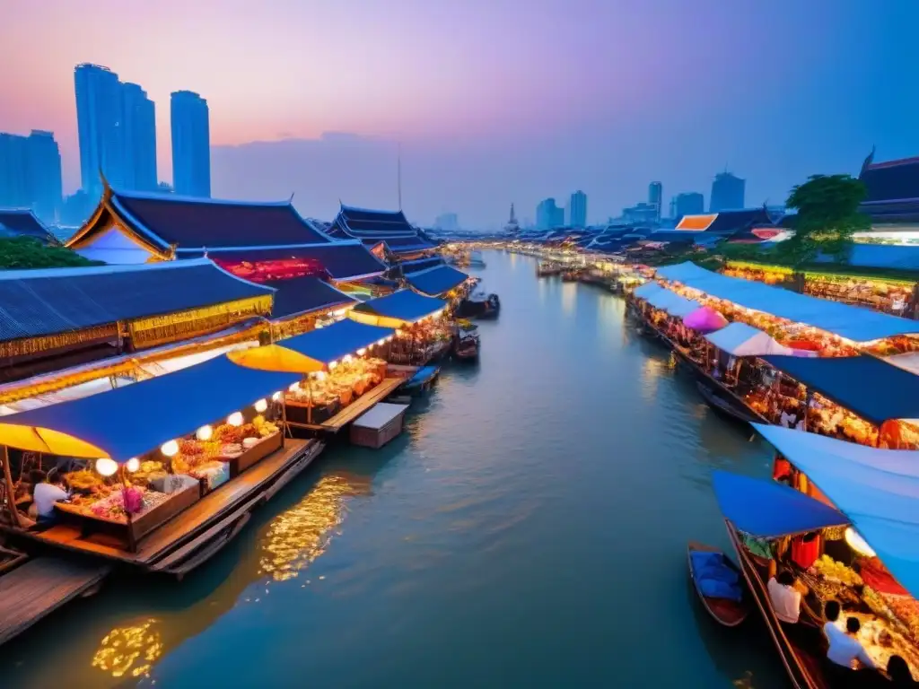Inmobiliaria única en el mercado nocturno de Bangkok Una animada feria nocturna en Bangkok con oportunidades inmobiliarias Sudeste Asiático, luces de neón y multitudes