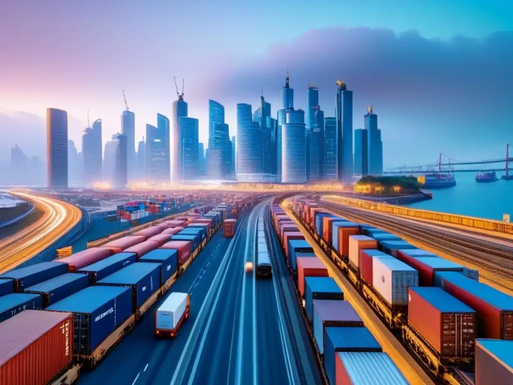 Ruta comercial internacional: ciudad moderna y redes de transporte Una animada ruta comercial internacional con una moderna ciudad de fondo y una red de transporte conectando países