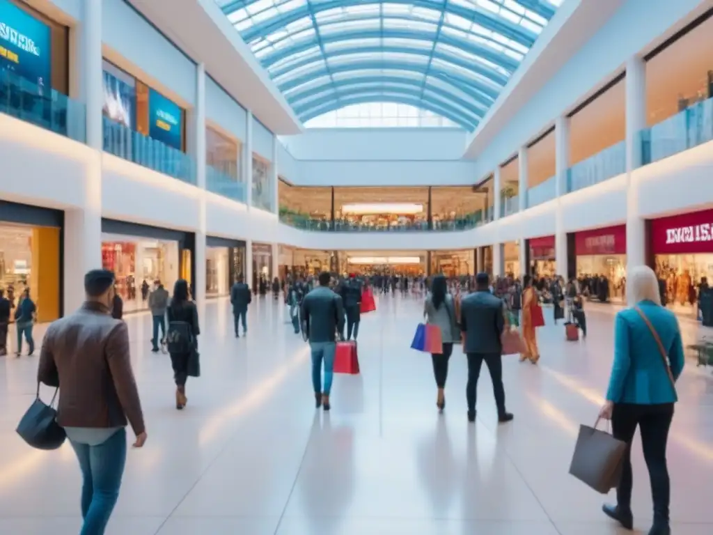 Atrio de centro comercial lleno de actividad y diversidad de compradores Un animado atrio de centro comercial con diversidad de compradores, reflejando actividad comercial vibrante
