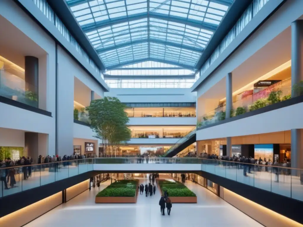 Centro comercial de lujo: compras, café y diversión Un animado atrio de centro comercial con diversidad de compradores, familias y jóvenes en cafetería
