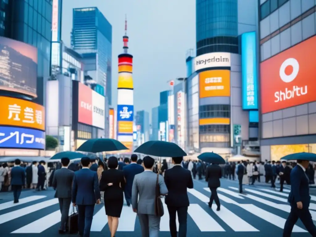 Inversión inmobiliaria en Shibuya: tradición y tecnología Un animado cruce en Shibuya, Tokyo, con arquitectura tradicional y rascacielos