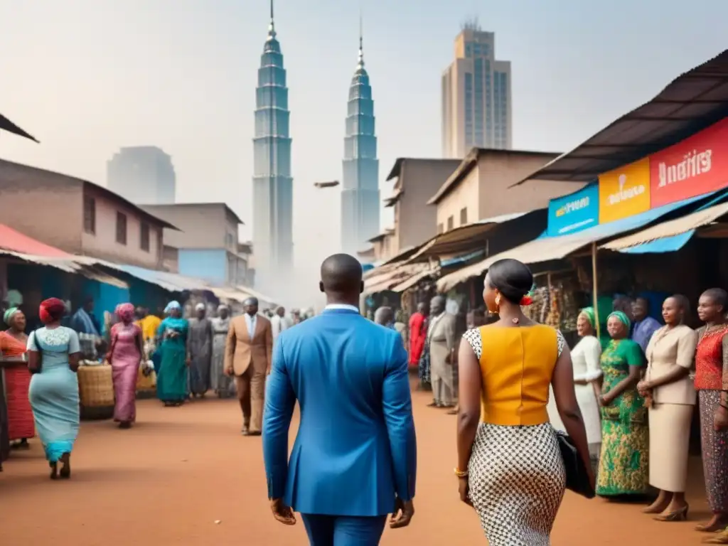 Mercado tradicional y modernidad en ciudad africana Un animado cruce entre tradición y modernidad en un bullicioso mercado africano