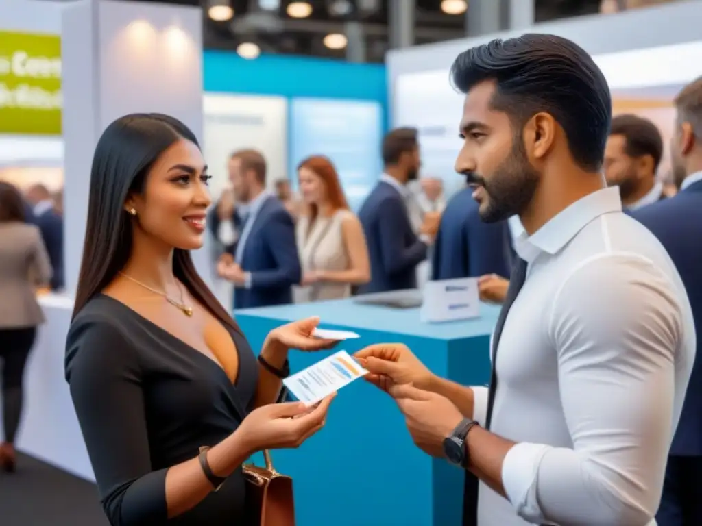 Feria comercial internacional diversa y vibrante Un animado escenario de feria comercial internacional con personas de diversos orígenes intercambiando tarjetas de negocios