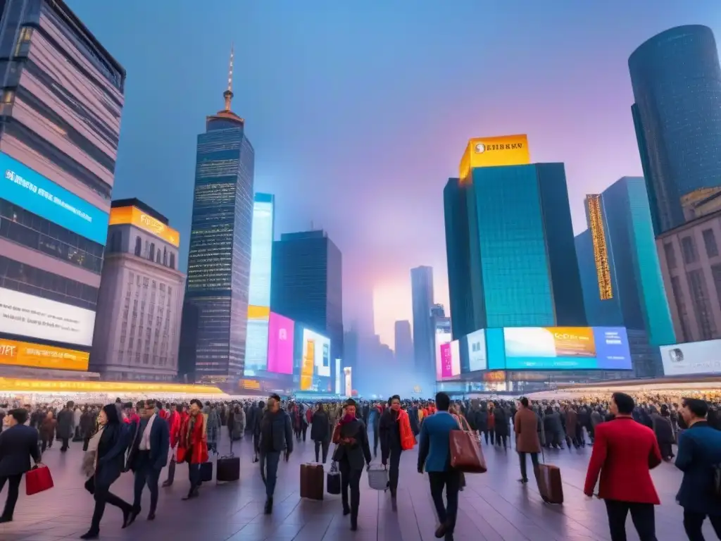 Metrópolis multicultural: skyline urbano vibrante al atardecer Un animado horizonte urbano al anochecer con tendencias migratorias en el mercado inmobiliario