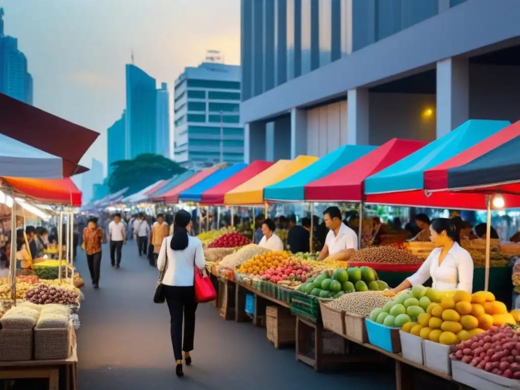Mercado callejero vibrante en Tailandia al atardecer Un animado mercado callejero en Tailandia, lleno de puestos vibrantes vendiendo frutas, especias y artesanías