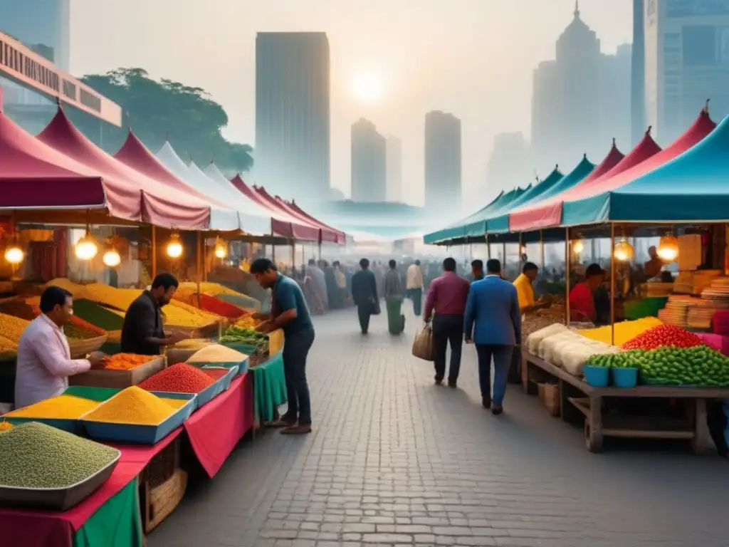 Mercado vibrante: diversidad cultural y crecimiento en mercados emergentes Un animado mercado en una ciudad emergente, reflejando la diversidad cultural y el comercio local
