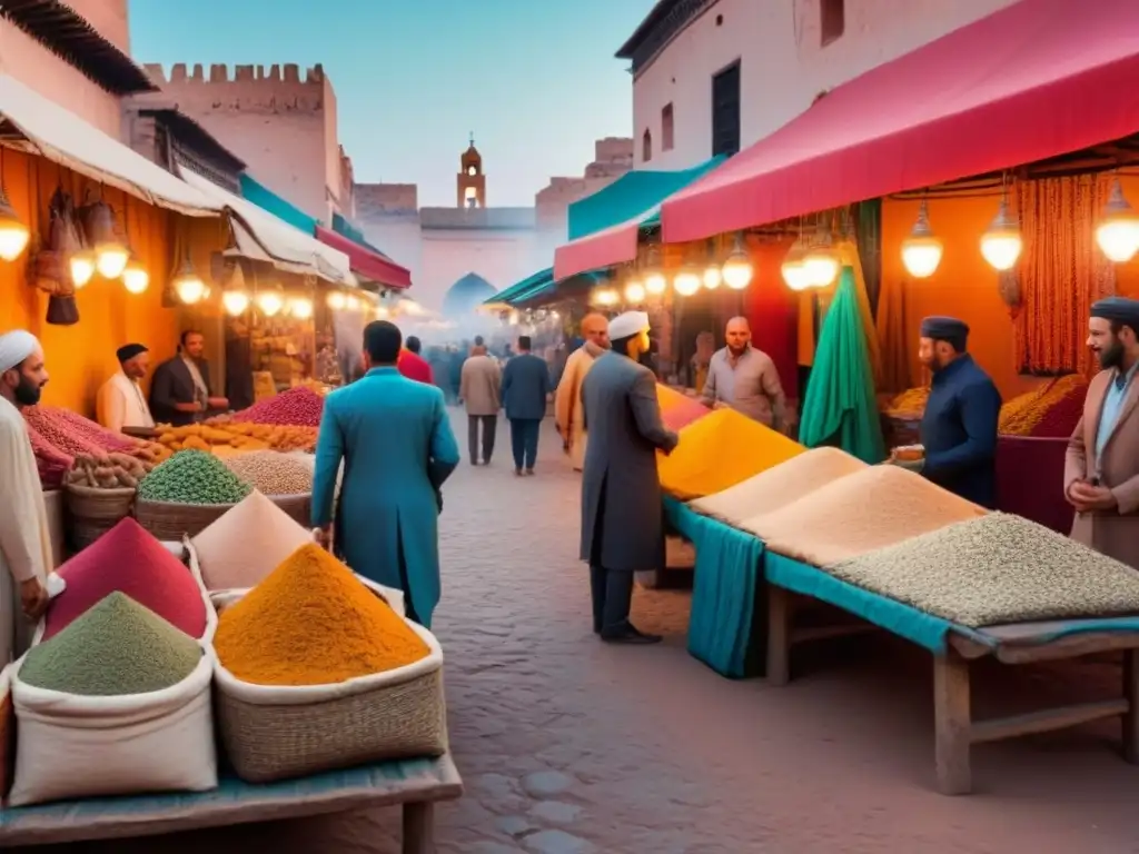 Mercado bullicioso en Marrakech: colores vibrantes y gente diversa comprando textiles y especias al atardecer Un animado mercado en Marrakech, Marruecos, con colores vibrantes, patrones intrincados y una diversa multitud disfrutando de conversaciones mientras compran textiles y especias bajo la cálida luz del atardecer
