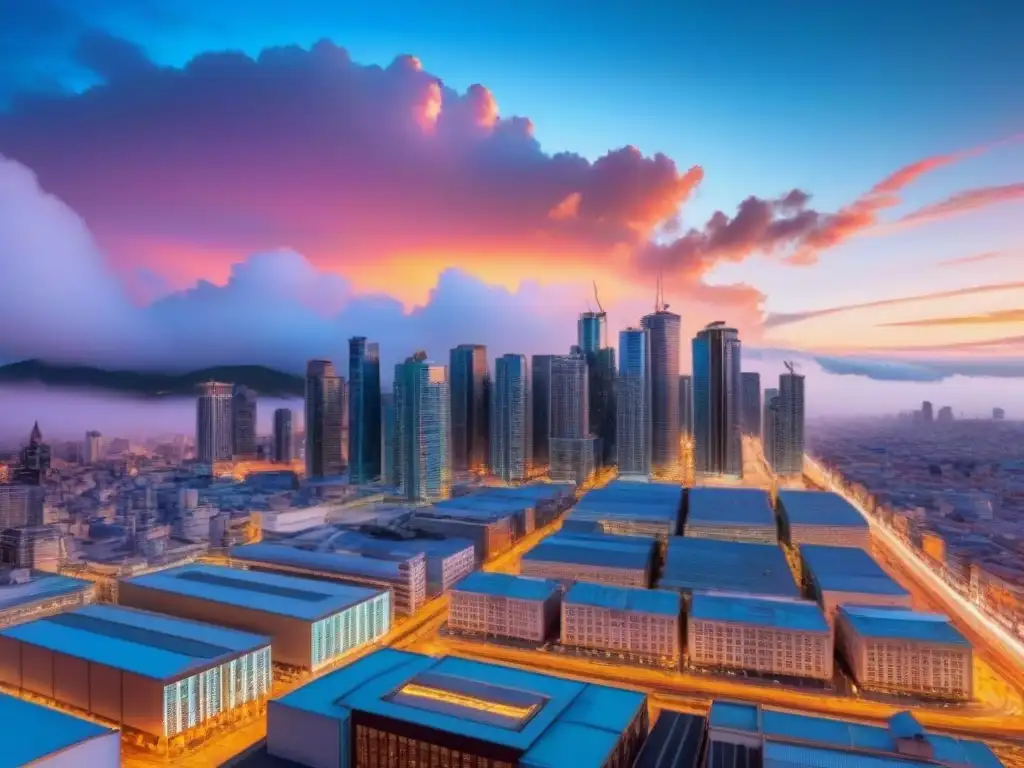 Vibrante ciudad emergente: mercado y rascacielos al atardecer Un animado mercado emergente con rascacielos, multitud diversa y transporte moderno bajo un vibrante atardecer