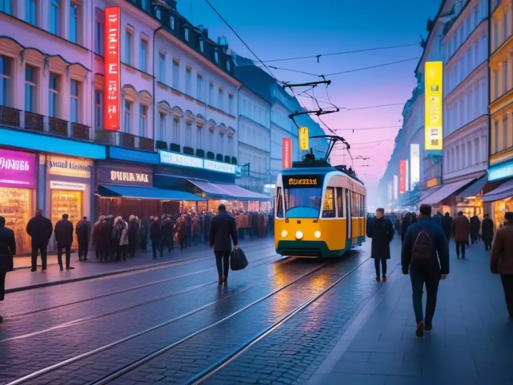 Escena urbana vibrante en Europa del Este: modernidad y tradición fusionadas Animado mercado alquiler Europa Este inversores: moderna ciudad del Este Europeo con rascacielos y tranvías coloridos