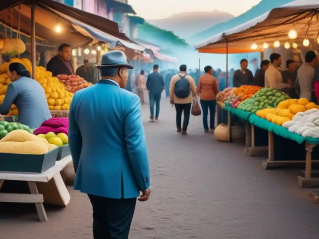 Mercado Latino vibrante con productos coloridos y diversidad cultural Un animado mercado latinoamericano lleno de colores y vida, reflejando la riqueza cultural y actividad económica