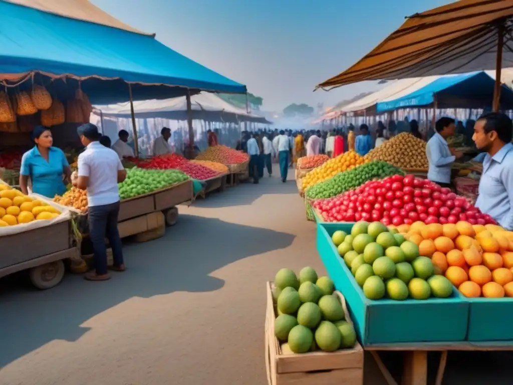 Mercado vibrante y diverso en país en desarrollo 'Animado mercado en país en desarrollo: frutas y artesanías coloridas bajo cielo azul, simbolizando negociaciones en mercados emergentes