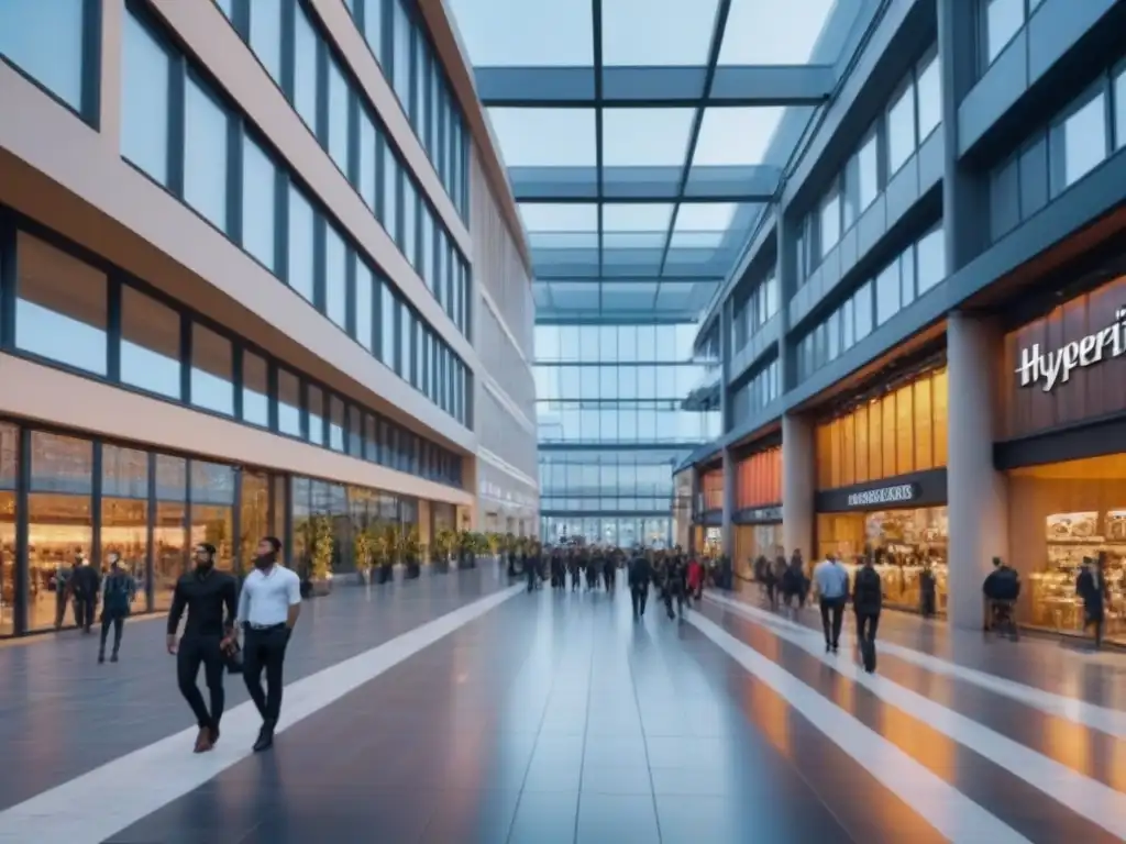 Centro comercial moderno y vibrante: diversidad y entretenimiento Un animado y vibrante centro comercial moderno lleno de tiendas diversas, restaurantes y locales de entretenimiento