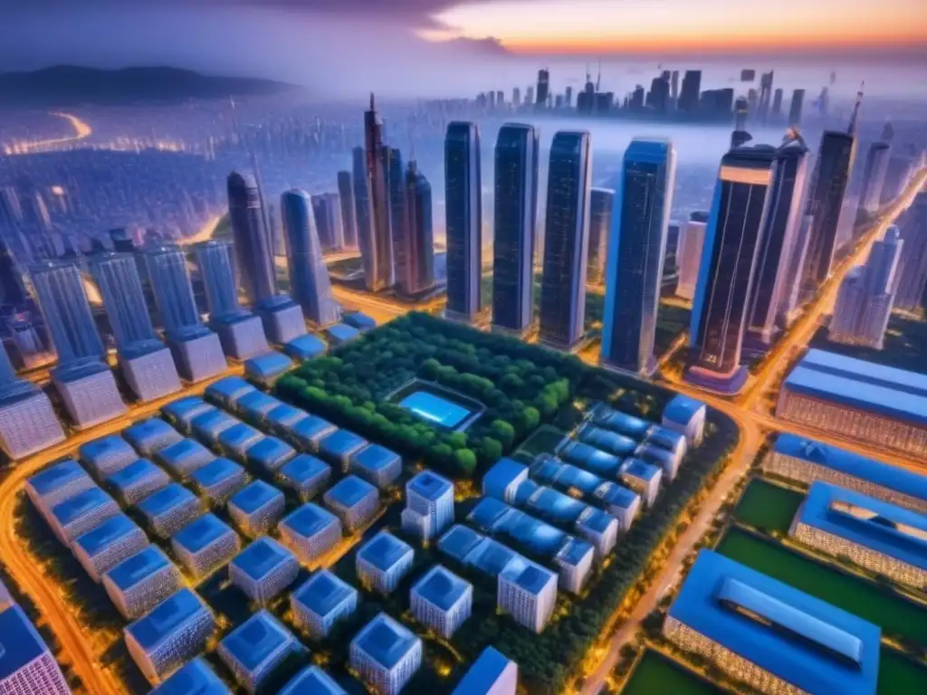 Metrópolis futurista: inversión inmobiliaria innovadora Inversión anticíclica en bienes raíces: Ciudad futurista al anochecer con rascacielos y vehículos autónomos