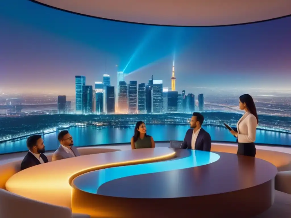 Inversores inmobiliarios analizan tendencias del mercado en holograma Inversión anticíclica en bienes raíces: Grupo diverso de inversores analiza mercado inmobiliario futurista en ciudad nocturna