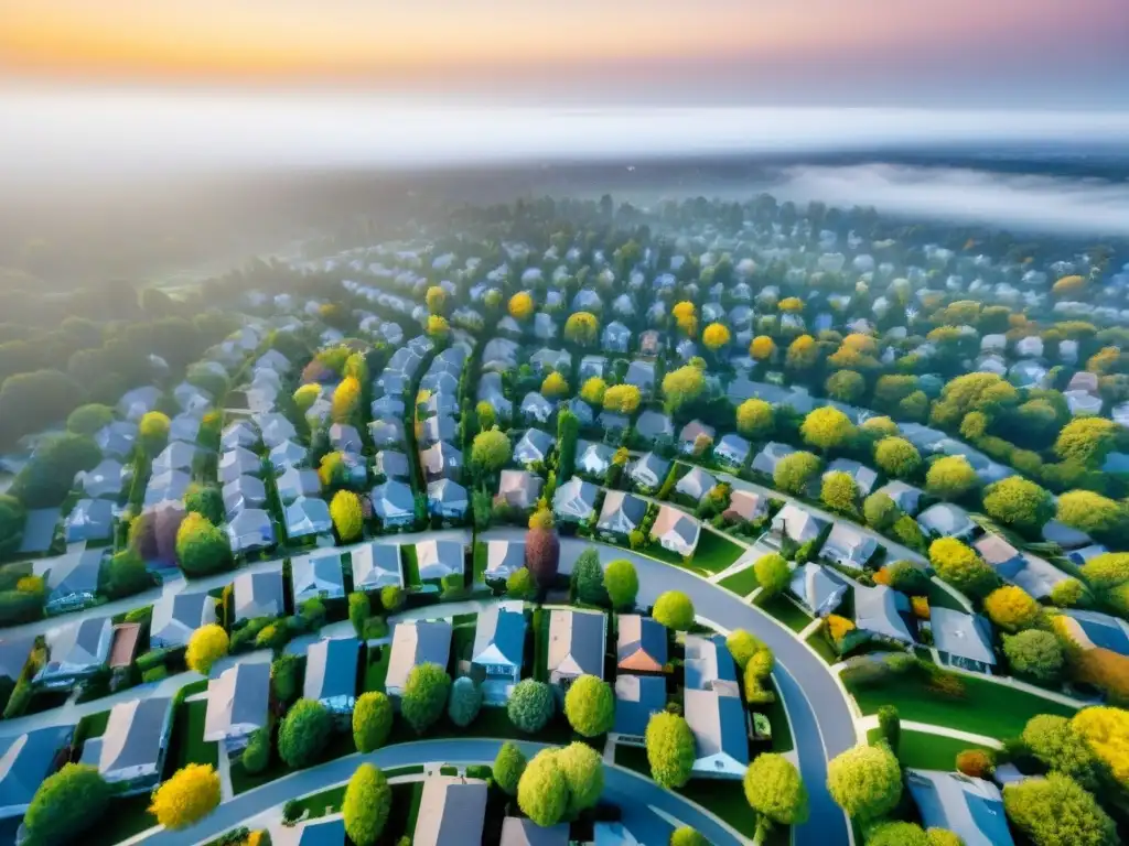 Armonía suburbana: casas, calles y naturaleza en perfecta sintonía Un apacible vecindario suburbano con casas modernas, áreas verdes y tranquilidad, reflejando la tendencia del mercado inmobiliario hacia el suburbio