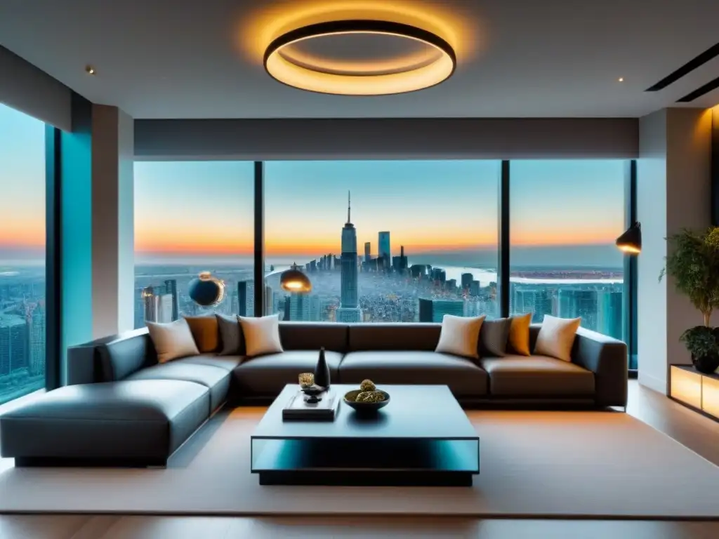 Interior de apartamento de lujo con vista panorámica a la ciudad Un apartamento de lujo con diseño moderno y vista panorámica de una ciudad internacional