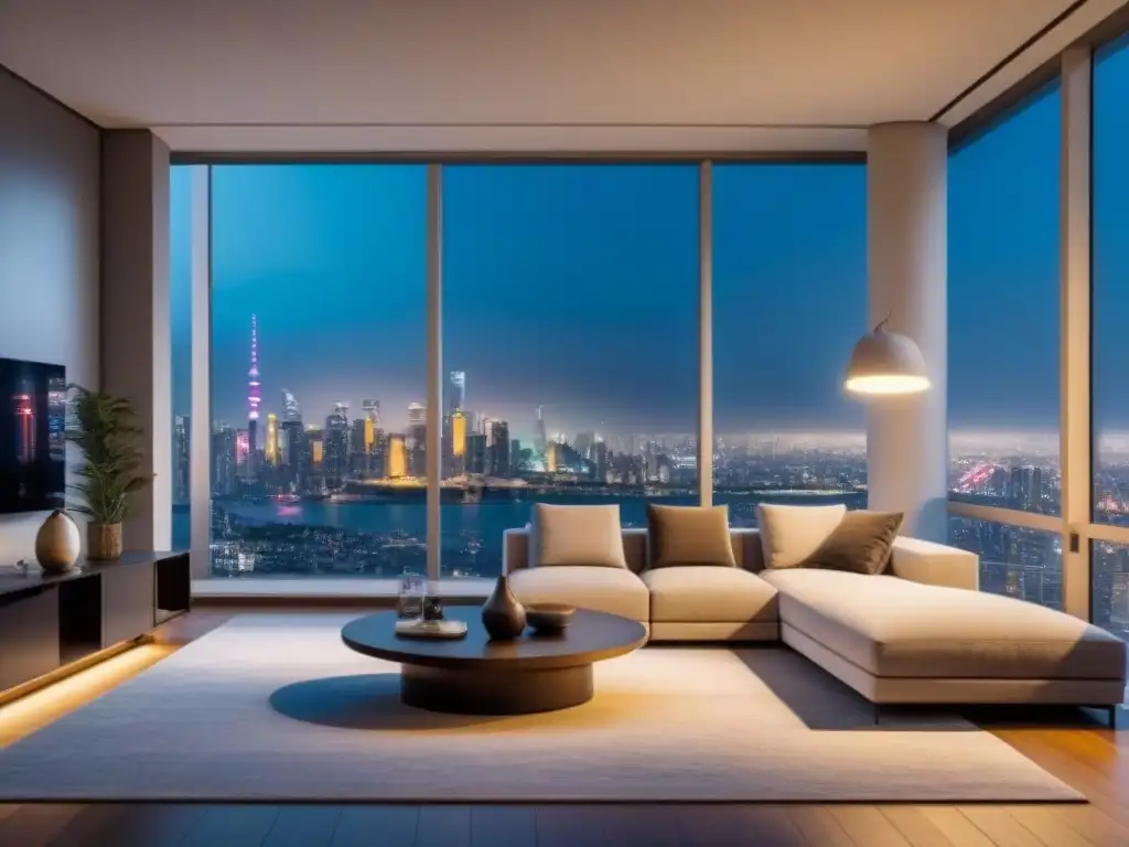 Exclusivo apartamento moderno con vistas nocturnas de la ciudad Apartamento de lujo con vista a la ciudad de noche, decoración elegante y ventanales