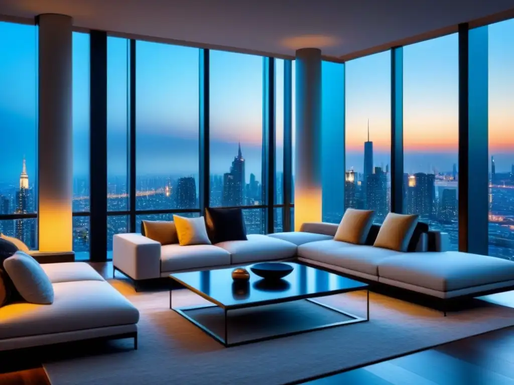 Interior de apartamento moderno y lujoso con vistas urbanas impresionantes Apartamento moderno de lujo con vista a la ciudad