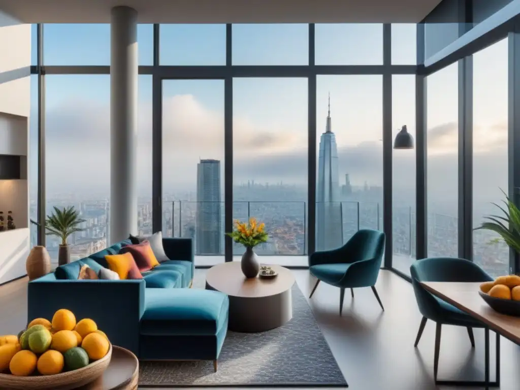 Inversión inmobiliaria internacional en mercado multicultural Un apartamento moderno de lujo con vista a un vibrante mercado internacional