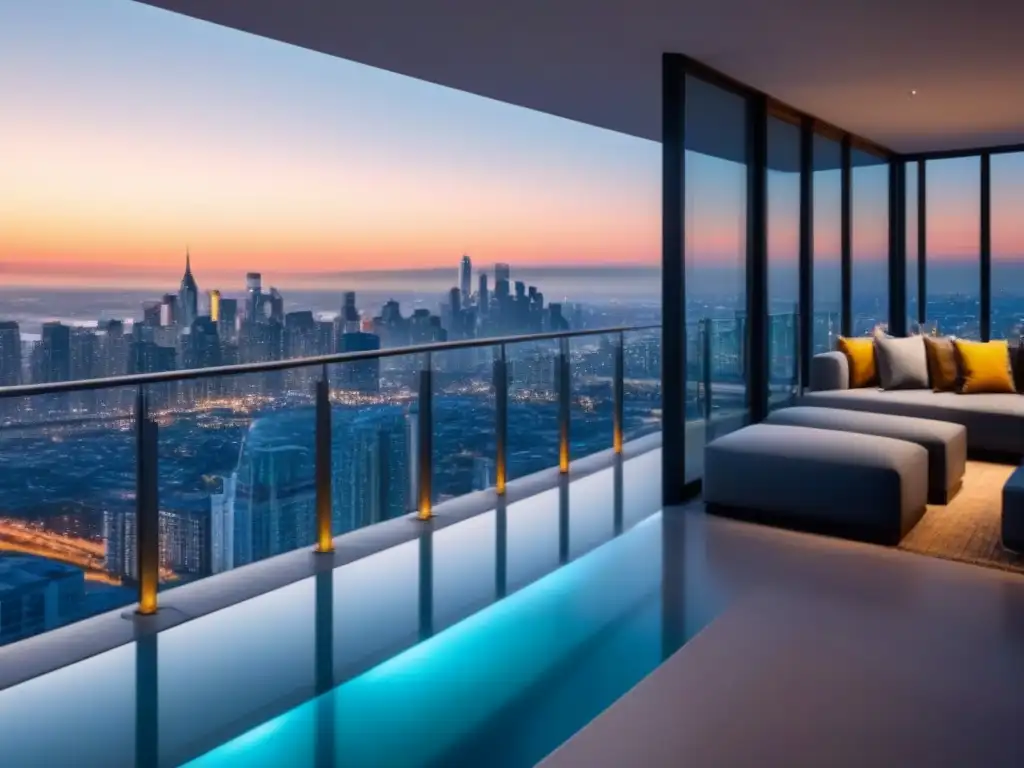 Edificio de lujo con vistas a la ciudad al atardecer Apartamentos de lujo en rascacielos modernos con vista a la ciudad al atardecer, estrategias proactivas inversores mercado inmobiliario