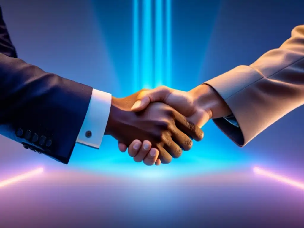 Apretón de manos holográfico: contratos digitales en el futuro Un apretón de manos holográfico futurista entre dos empresarios, con contratos digitales flotando, en un escenario minimalista iluminado en azul suave