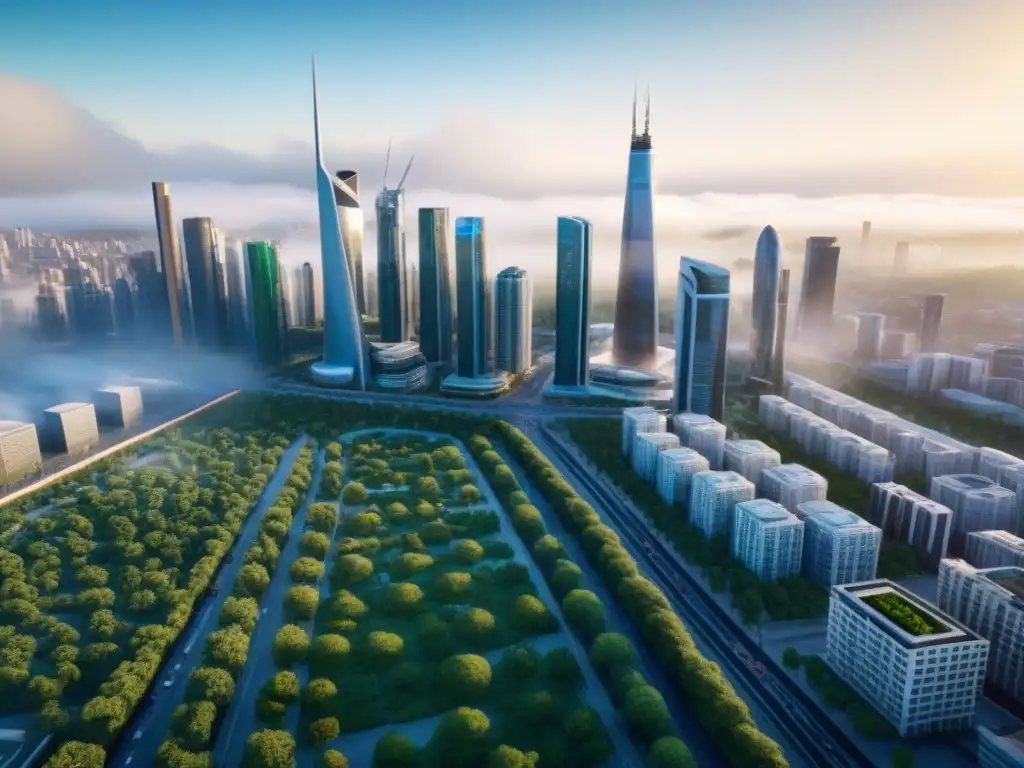 Futurismo sustentable: Ciudad vibrante en 8k Vibra con la armonía de lo moderno y tradicional en un mercado inmobiliario futurista