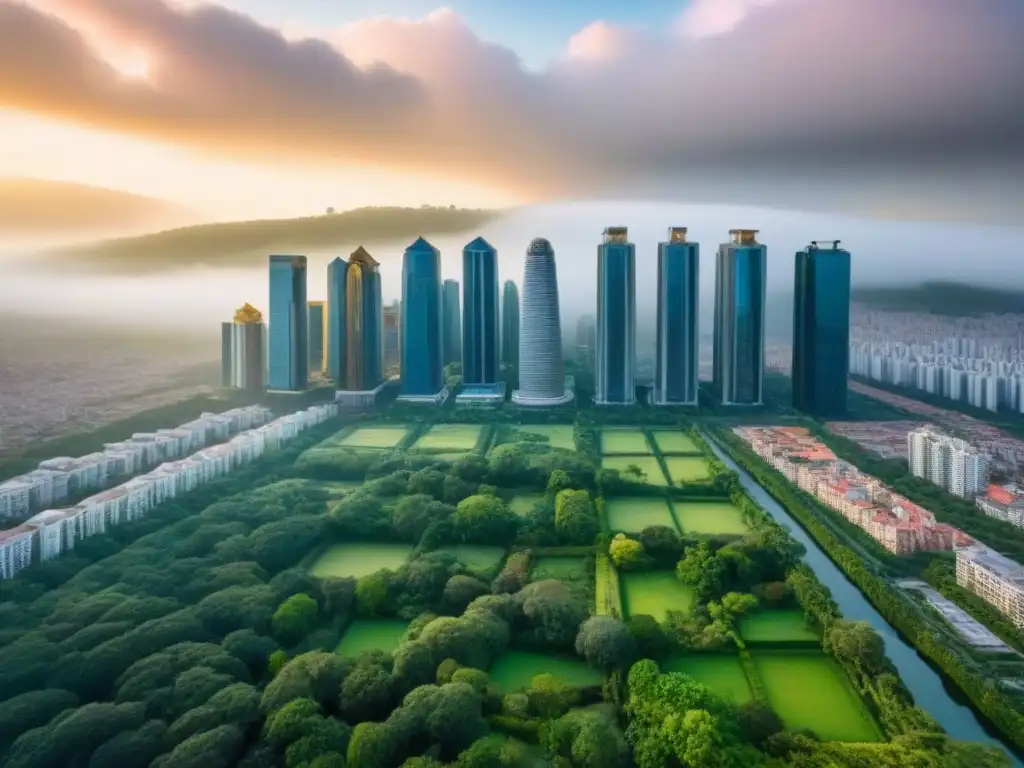 Armonía urbana: rascacielos y naturaleza en mercado inmobiliario Armonía entre rascacielos modernos y parques verdes en ciudad bulliciosa