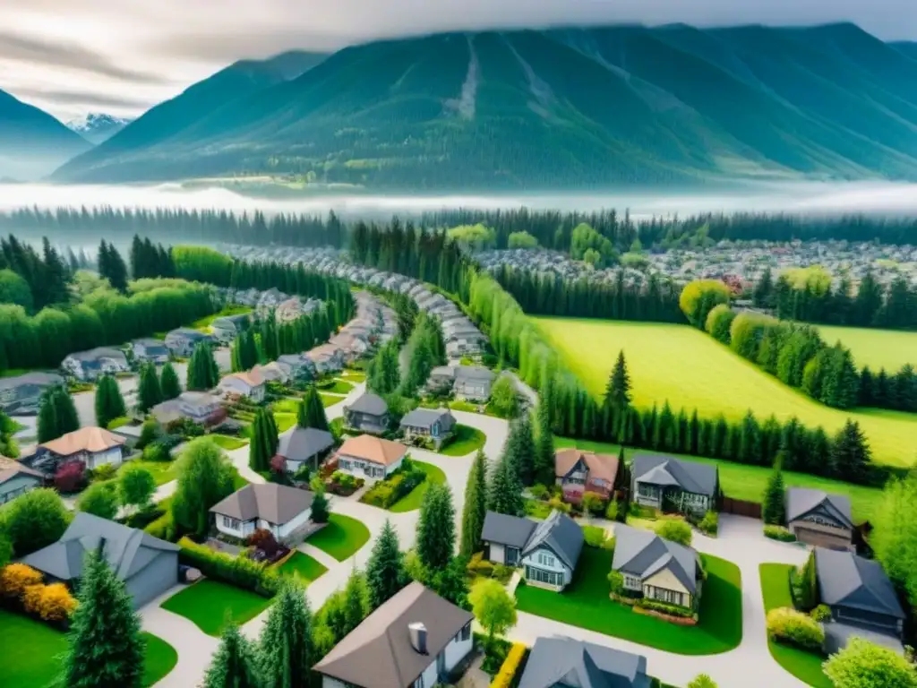 Vecindario moderno en Canadá: armonía residencial y naturaleza Invierte en la armonía de suburbios de Canadá con casas, calles arboladas y montañas al fondo
