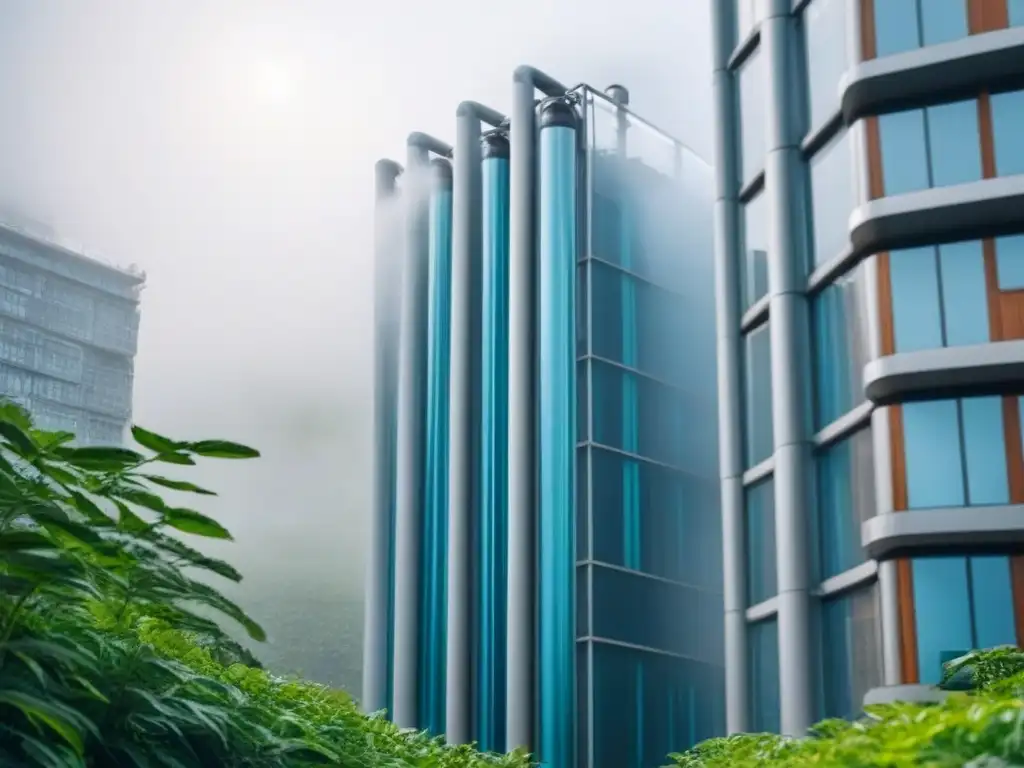 Armonía entre tecnologías de reciclaje de agua y edificios modernos, integradas con la naturaleza