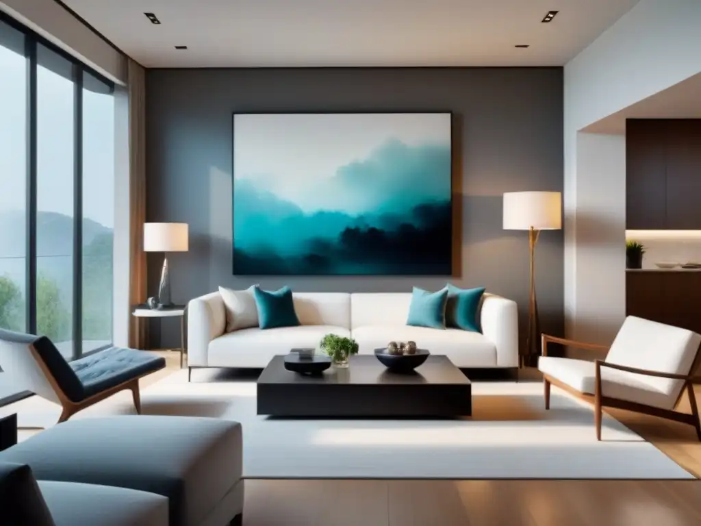 Salón residencial moderno con arte abstracto destacado Armoniosa integración arte diseño en un elegante salón residencial, destacando una pintura abstracta como punto focal sobre un sofá contemporáneo