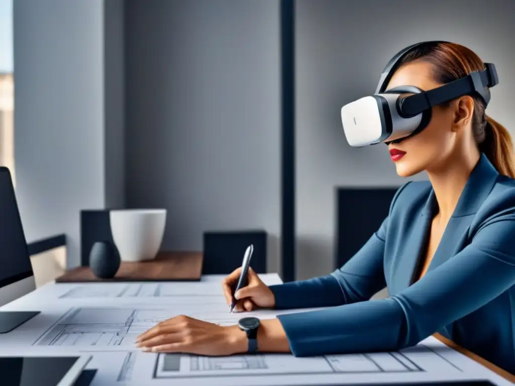 Arquitecto experto en diseño de renovación: innovación y precisión en 8k Un arquitecto analiza detalladamente planos rodeado de tecnología moderna