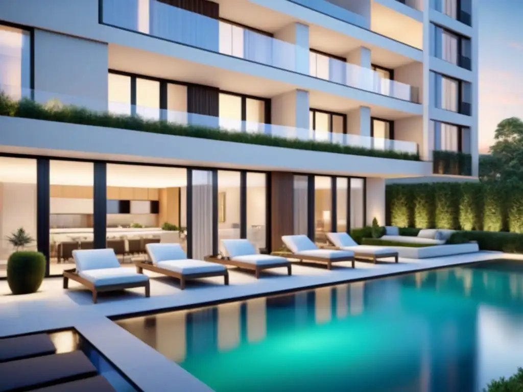 Visualización arquitectónica de lujo en 8K Visualización arquitectónica de inversión inmobiliaria: un complejo residencial de lujo con detalles modernos y elegantes