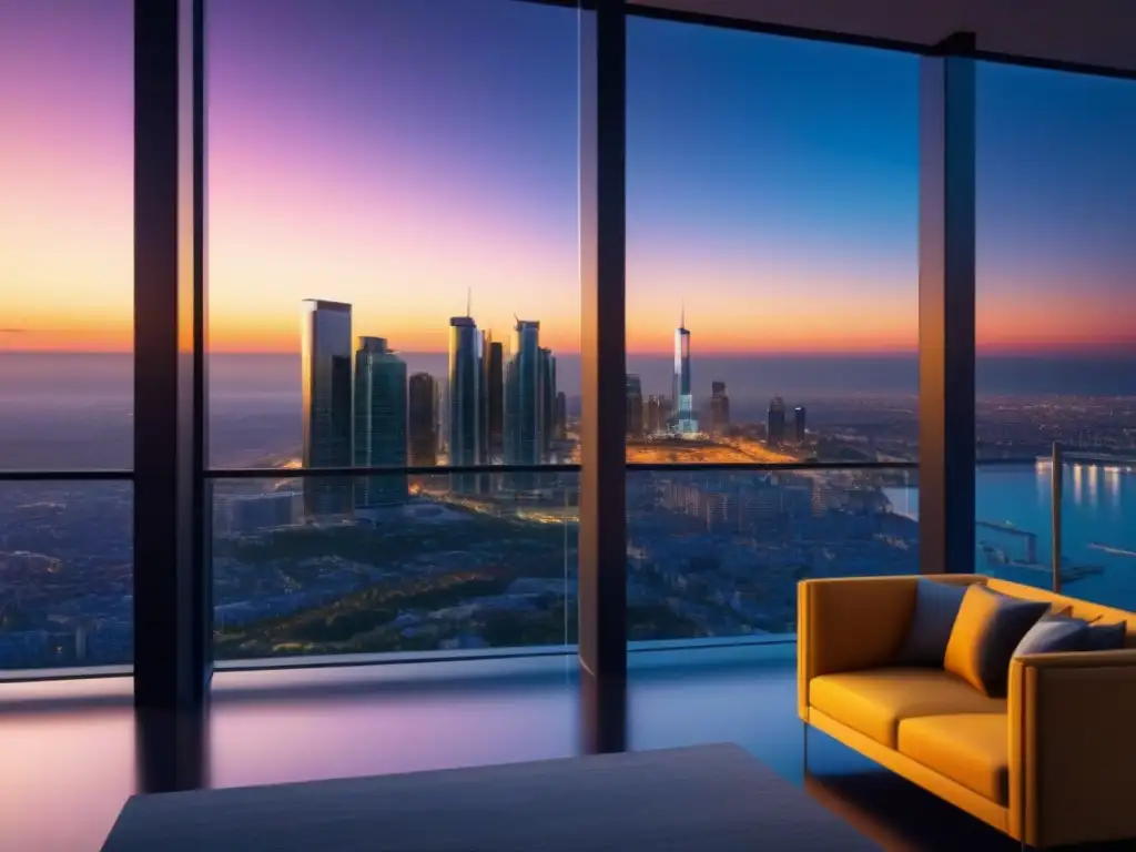 Rascacielos de lujo: arquitectura ultramoderna en el atardecer Visualización arquitectónica de lujo con edificio de cristal reflectante en la ciudad al atardecer