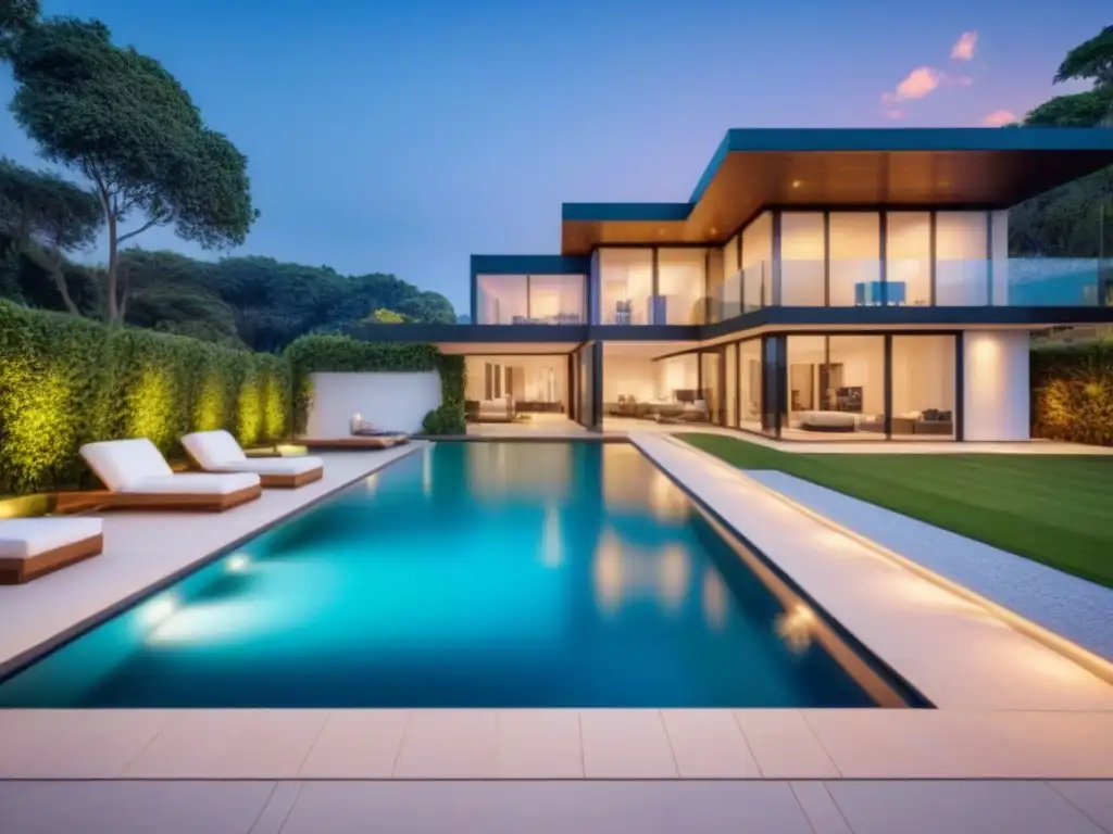 Blueprint de lujo: moderna propiedad con piscina y jardín exuberante Diseño arquitectónico detallado de una lujosa propiedad con líneas modernas, amplias ventanas, piscina y exuberante paisajismo
