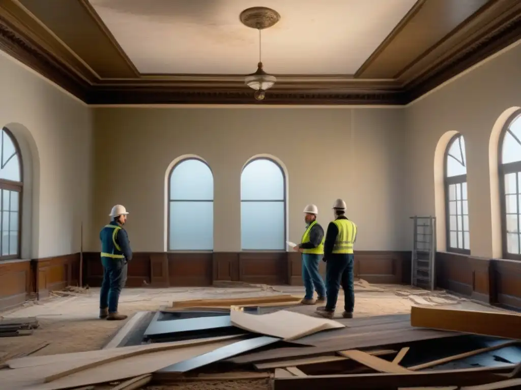 Restauración detallada de edificio histórico tras desastre Arquitectos y ingenieros restaurando una propiedad histórica postdesastre con soluciones innovadoras