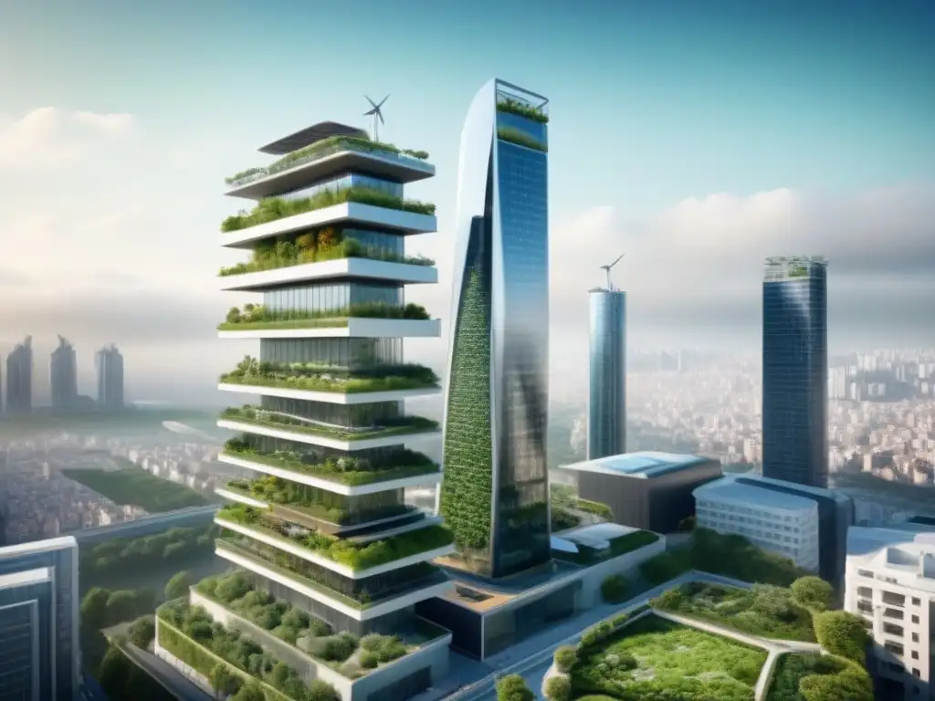 Edificio sostenible del futuro: arquitectura verde innovadora Arquitectos innovan sostenibilidad en mercado inmobiliario con edificio futurista verde y urbano