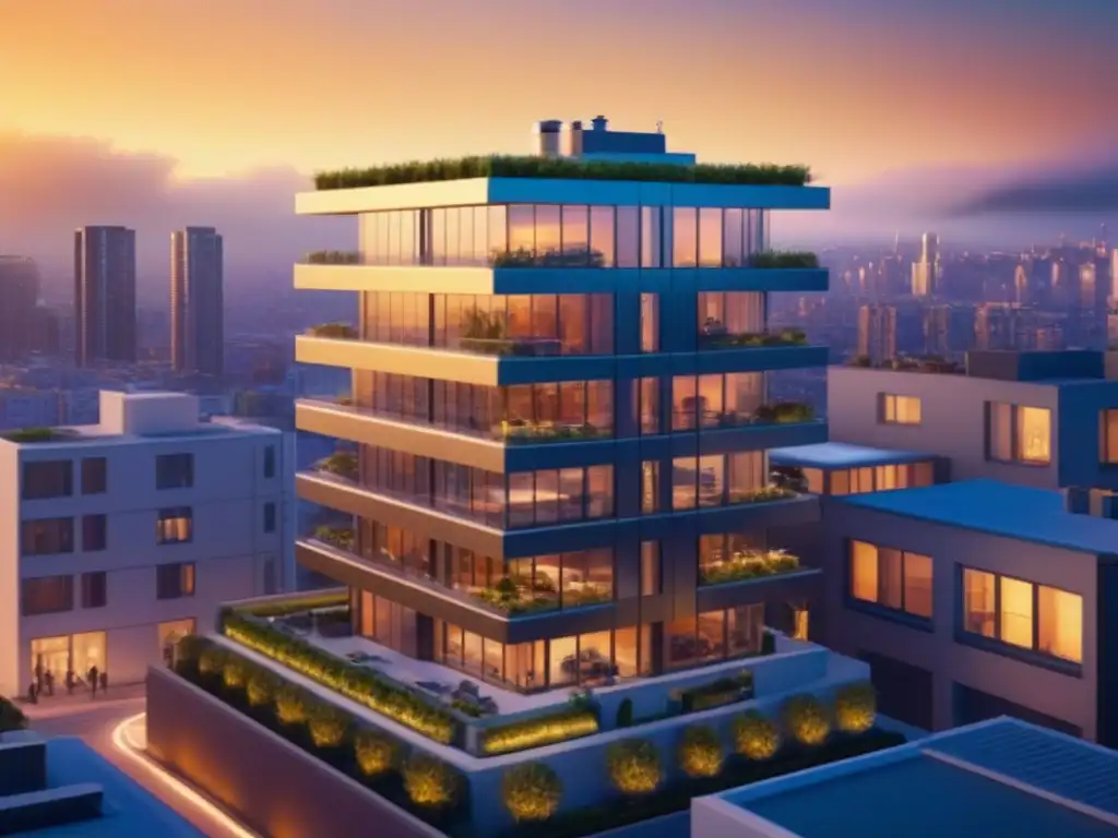 Edificio futurista en ciudad norteamericana al atardecer Arquitectura futurista con tecnología 3D para construcción inmobiliaria en ciudad norteamericana