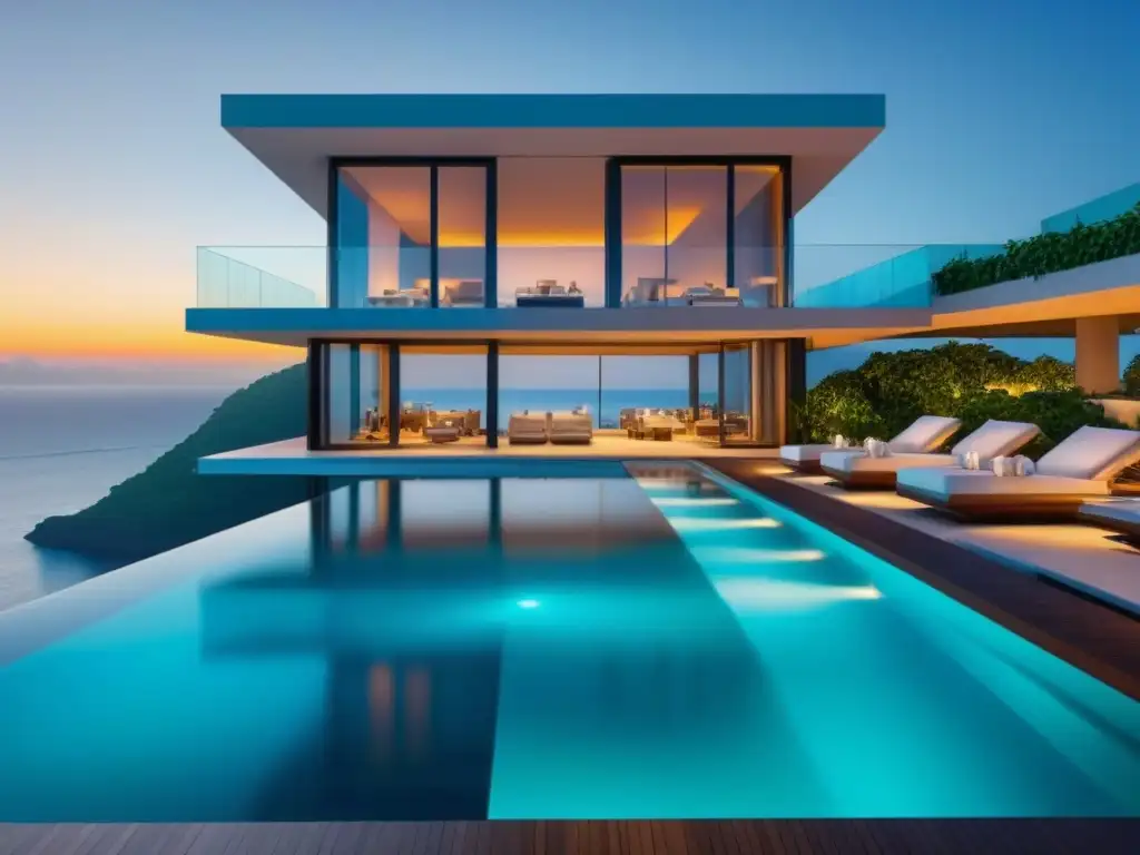 Hotel de lujo futurista en el borde del océano turquesa Arquitectura de lujo en un hotel futurista frente al mar turquesa con diseño moderno y elegantes detalles