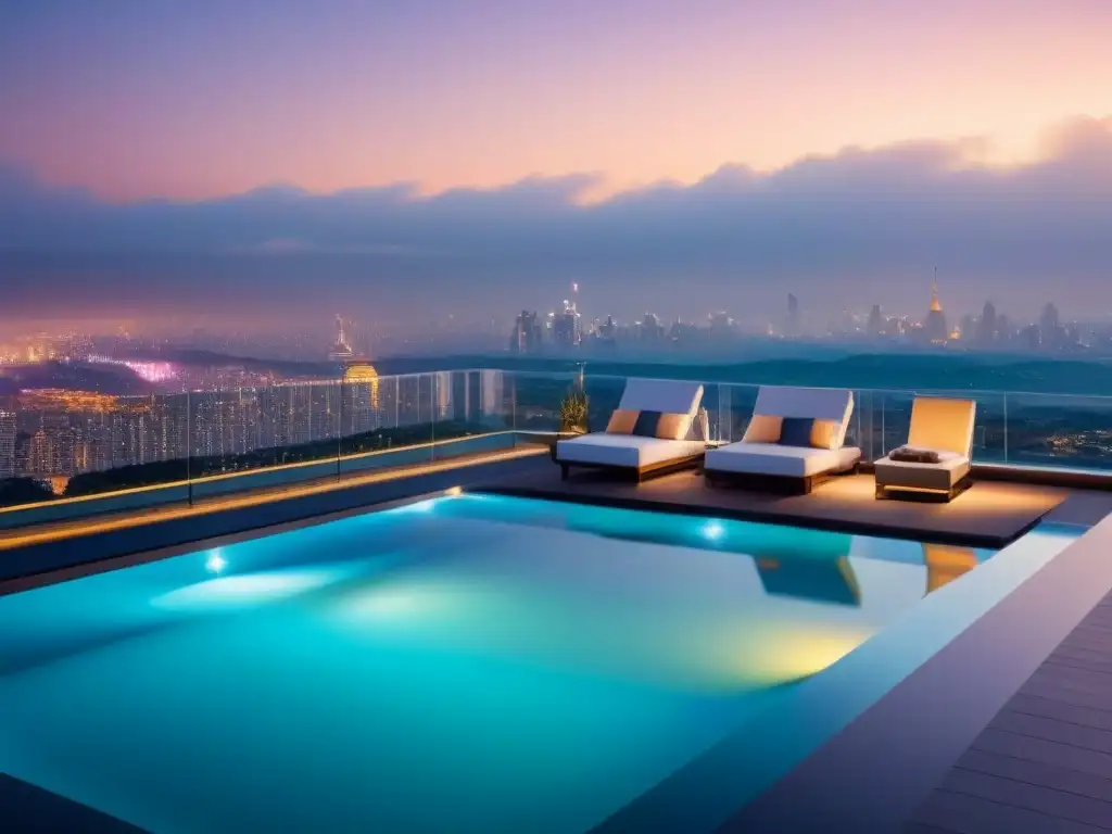 Hotel de lujo futurista: arquitectura innovadora en la noche Arquitectura de lujo: Hotel futurista con fachada de vidrio, piscina infinita en la azotea y diseño innovador